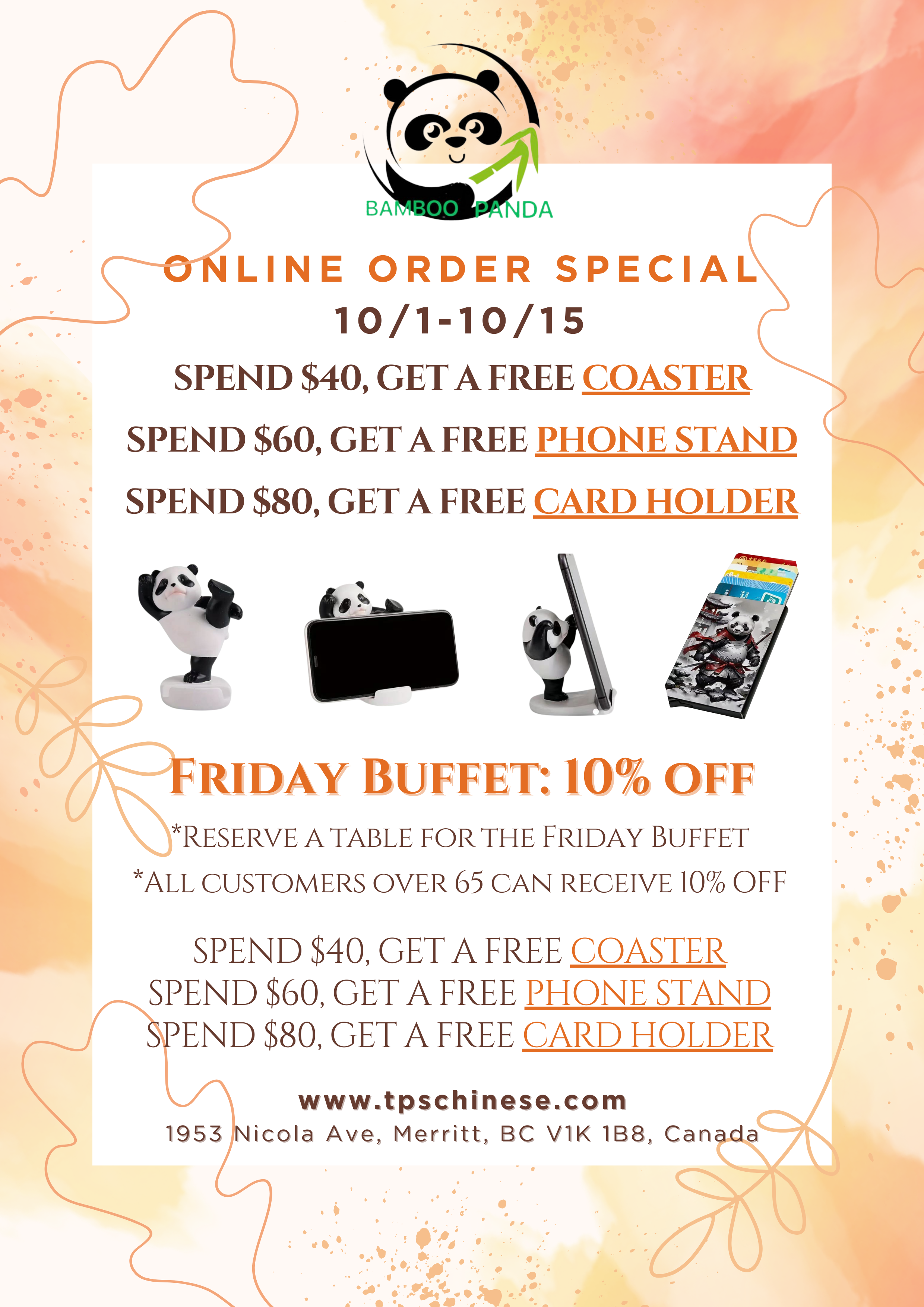 Spend $40 and receive a free coaster
Spend $60 and receive a free phone stand
Spend $80 and receive a free card holder